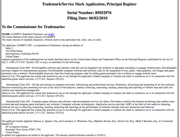 Gamify trademark application doc